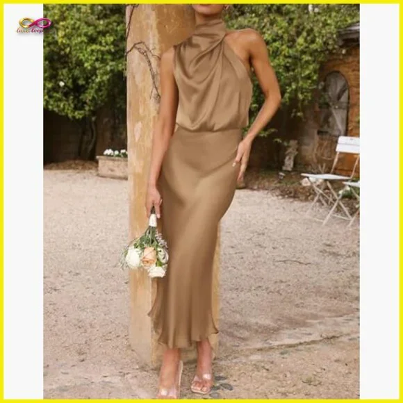Satin Silk Mock Neck Maxi Dress Elegant Formal Wedding Guest Evening Wear - Picture 2 of 7